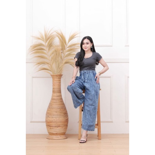 Jeans kulot masa kini - all size - pinggang karet - tali depan - bahan denim