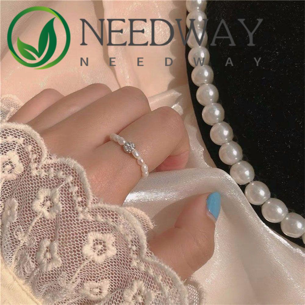 Needway  Women Girls Pearl Rings Korean Fashion Jewelry Finger Ring Gift Trendy Elegant Rhinestone Handmade Zircon Ball Bead Rings/Multicolor