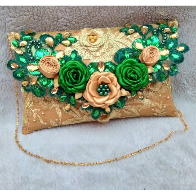 Clutch Brokat Gold kombinasi Hijau Botol