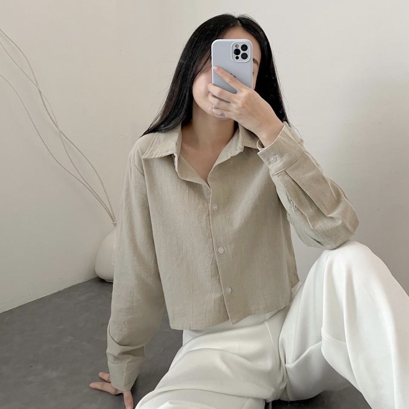 Ceya Top | Kemeja Crop Linen Lengan Panjang | Outer Crop Linen - Atasan Wanita 993-Cream