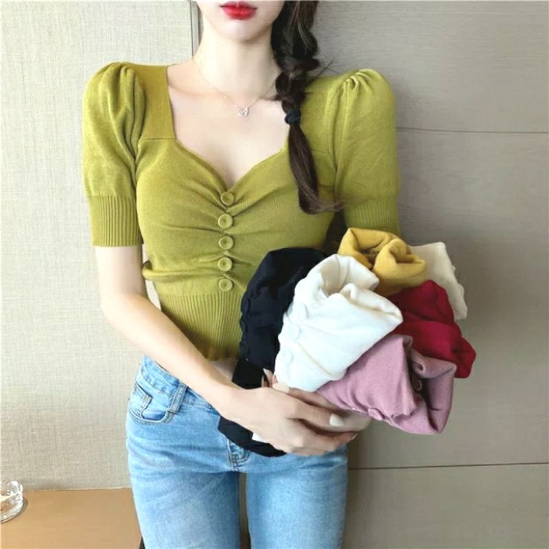 MDLV ~ E150-3 Moletta knit Cropped Top Women Knit Crop Top Atasan Crop Rajut Kancing Serut Crop Top Korea Crop Top Viral Crop Top Rajut Premium Fashion Import