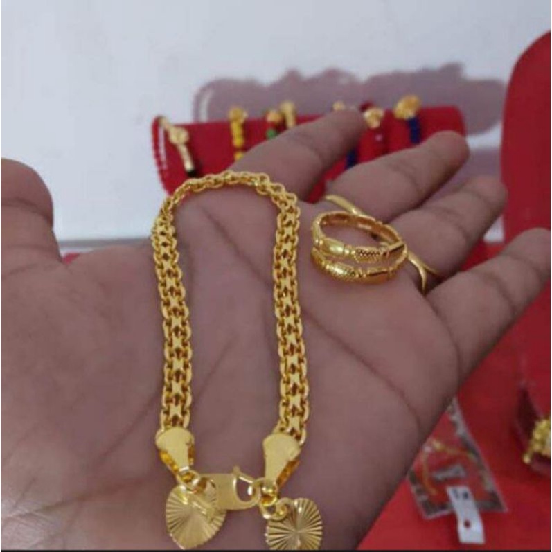 Gelang titanium motif tikar free cincin asli anti karat tidak luntur lapis emas 24k