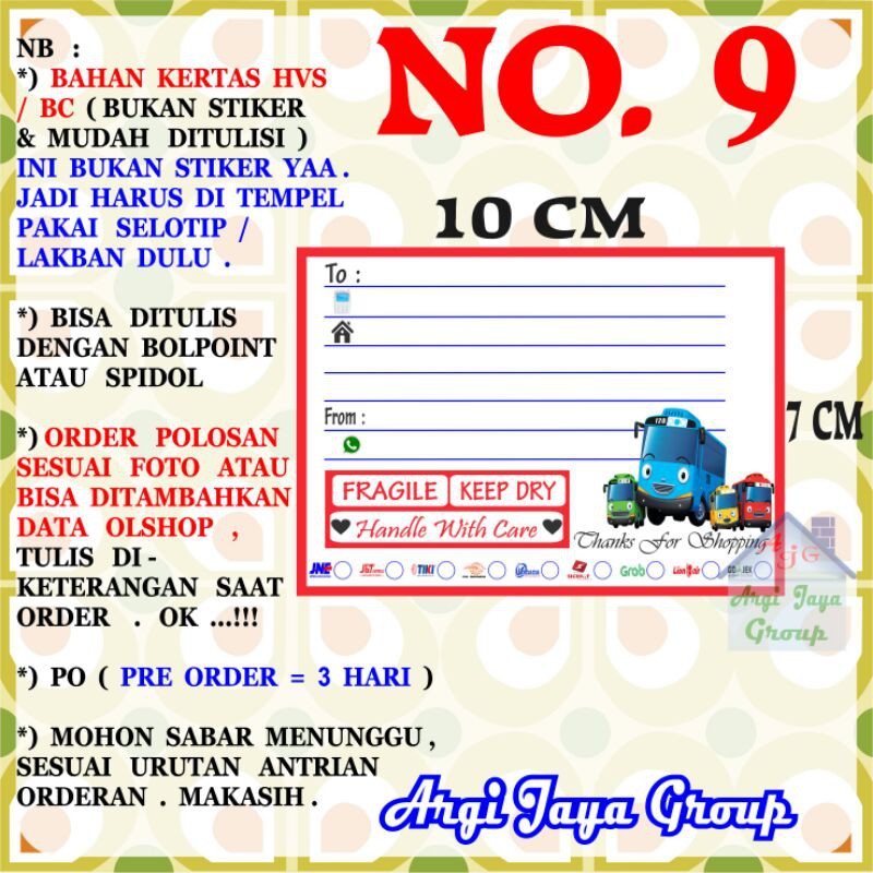

Label Pengiriman Alamat Olshop Murah Nomer 9 - 10x7cm - Kertas BC (Manila)