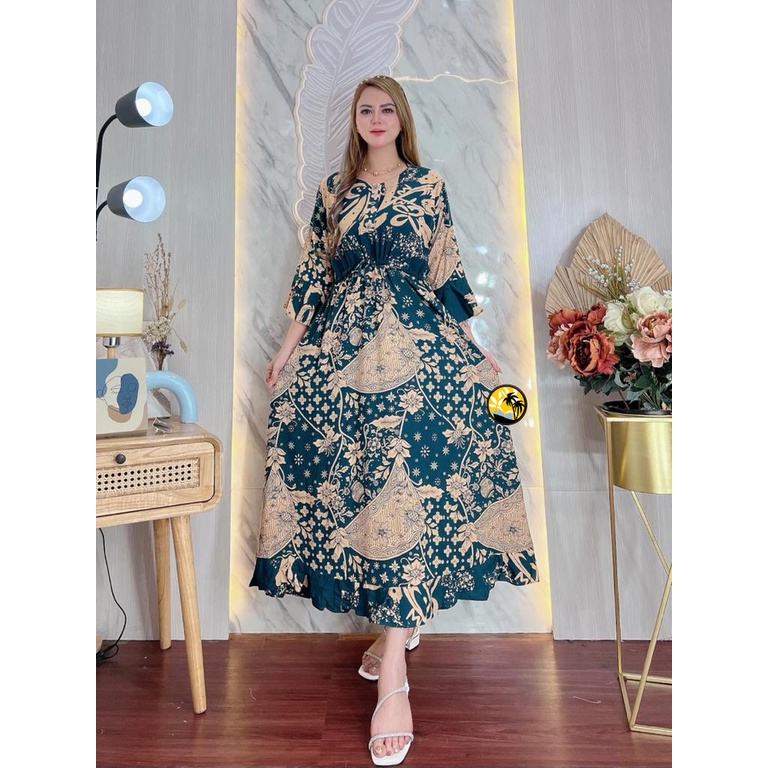 Long Dress Maura Daster Panjang Maura Kancing Depan Batik Lengan 3/4 Bahan Rayon Ori Tebal Adem Bagus Murah