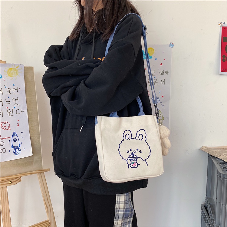 Tas Selempang Wanita Bahan Canvas Model Korea Motif Beruang dan Kelinci