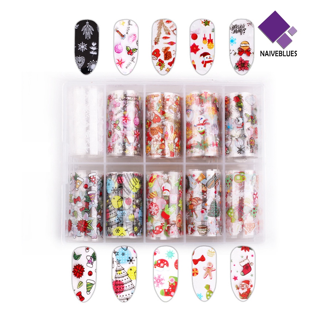 Naiveblue 10Pcs / Kotak Stiker Kuku Transfer Motif Bunga / Aurora / Langit Berbintang Untuk Dekorasi Nail Art / Manicure