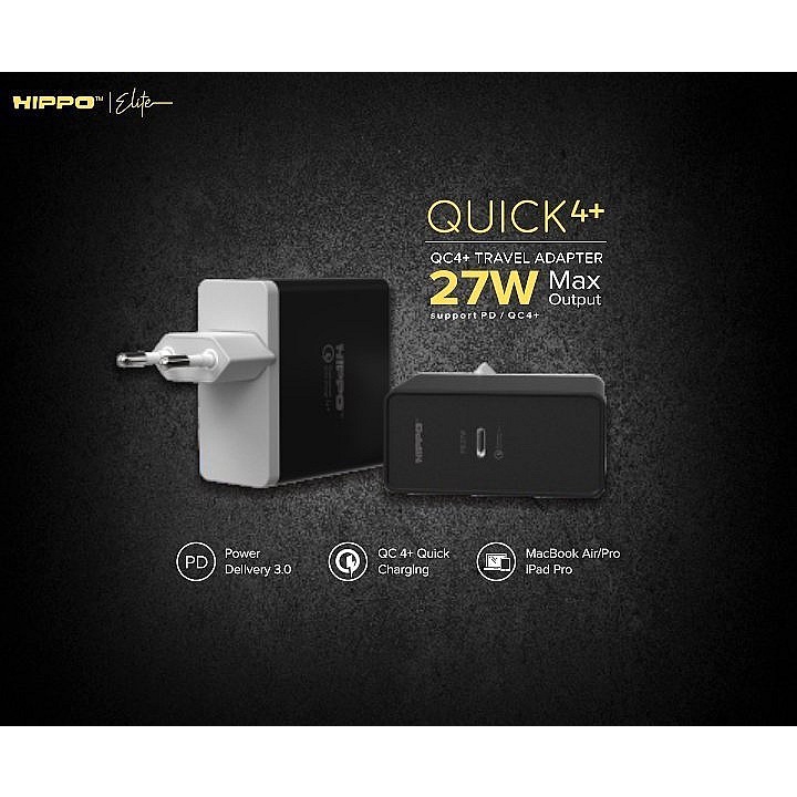 Hippo Adaptor Quick4+ PD 27W Quick Fast Charging 4.0 Travel Adapter Kepala Casan Colokan Charger Rumah type C Power Delivery QC Port Output USB C