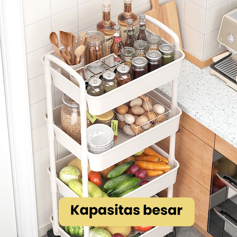 Megam Rak Troli Dorong Rak Dapur Roda Tempat Penyimpanan Peralatan Dapur Serbaguna Rack Troley HRK506-8