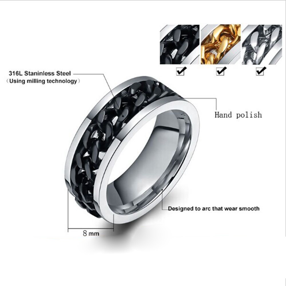 Cincin Model Rantai Spinner Rotatable Bahan Stainless Steel Warna Silver / Hitam / Gold Untuk Pria