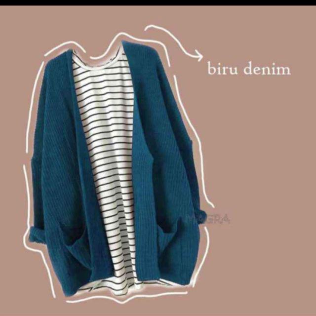PREMIUM LOOCY POCKET CARDIE / KARDIGAN RAJUT SAKU POLOS locy Oversized cardy-BIRU DENIM