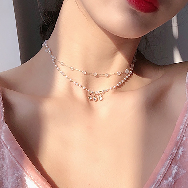 Kalung Choker Rantai Pendek Multilayer Liontin Kristal Mutiara Gaya Korea Untuk Wanita