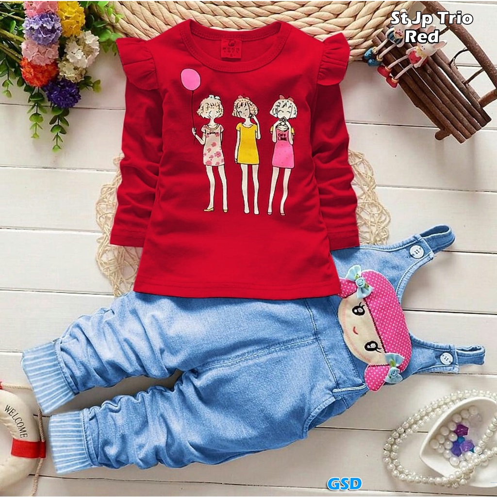 St jp trio/Setelan Jumpsuit Anak Cewek / Jumpsuit Katun Denim Anak Usia 4-7 Tahun / Pakaian Anak Kecil