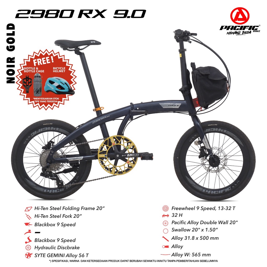 SEPEDA LIPAT PACIFIC 2980 RX 9.0 20 INCH FOLDING BIKE 9 SPEED HYDRAULIC DISC BRAKE FREE TAS &amp; HELM