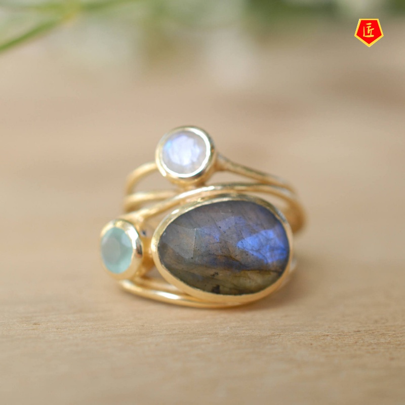 [Ready Stock]Inlaid Moonstone Ring Gold European American Creative Multi Shell Ring