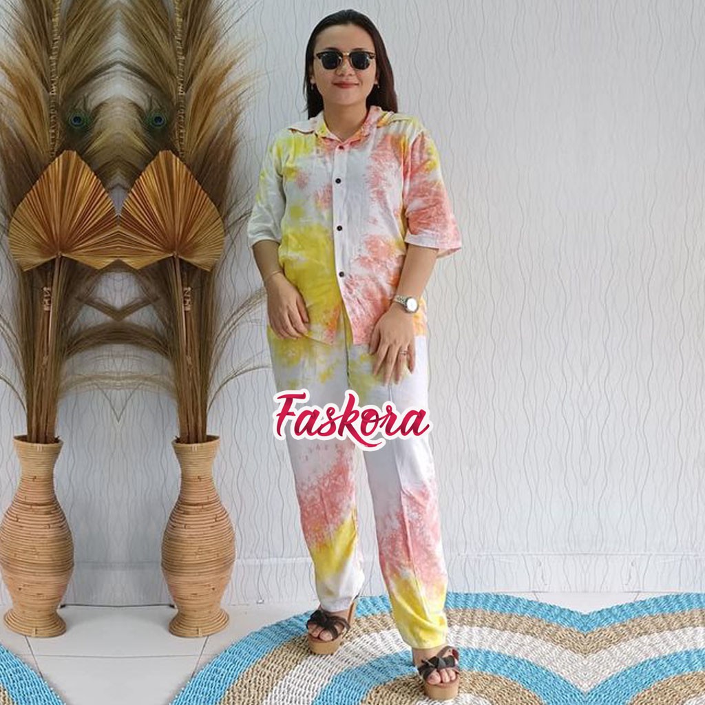 Setelan Kemeja Wanita Tie dye Jumbo STN12 / Kemeja Wanita Lengan Pendek Kekinian Tie dye Jumbo