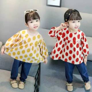  setelan  blouse polkadot celana  jeans  panjang anak  