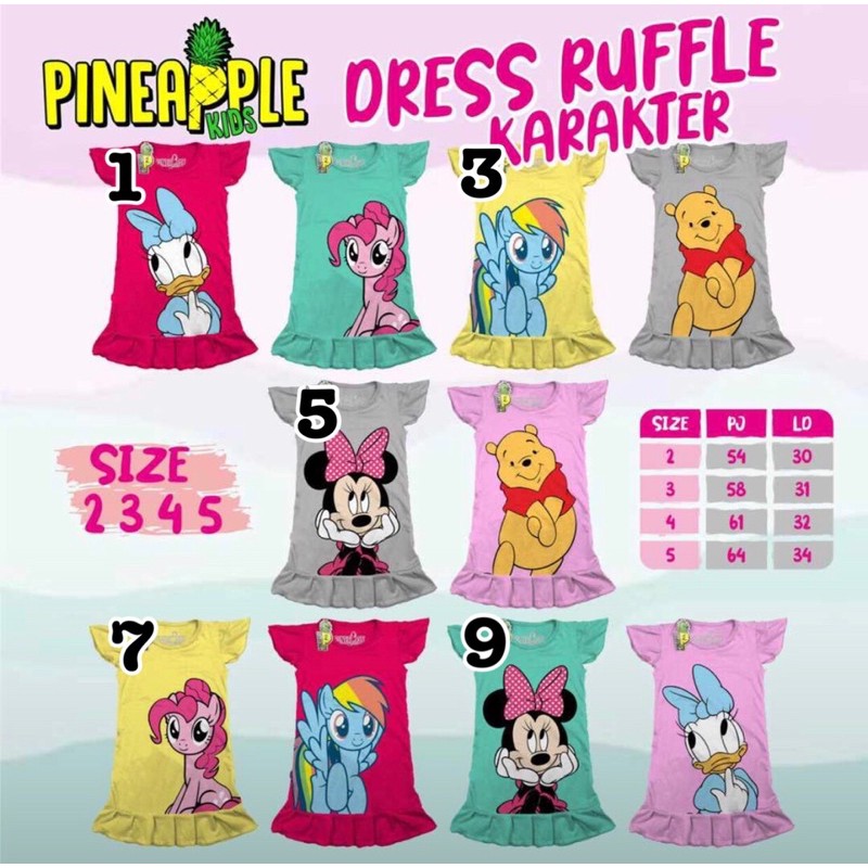 dress ruffle kaos anak merk pineapple daster anak usia 1-5 tahun