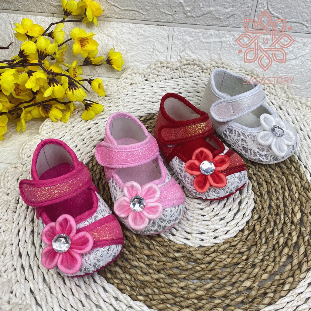 sasastory-SEPATU BABY BAYI PREWALKER BUNGA PESTA BROKAT ANAK PEREMPUAN 0-12 BULAN FP18