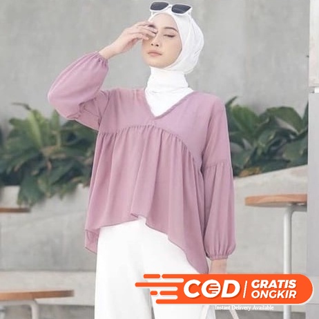 BLOUSE KOREAN STYLE FASHION MUSLIM CERUTY BABYDOLL POLOS WANITA NAVA -  ALLSIZE FIT L