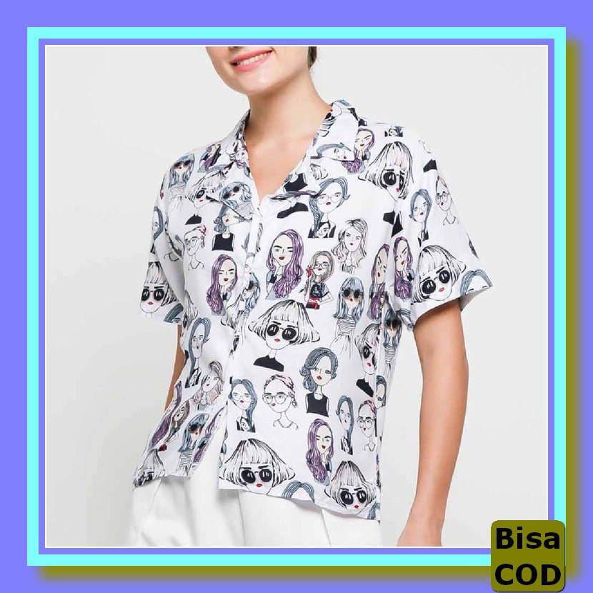 Kemeja Wanita Cewek Casual Polos Import Putih Korea Flanel Lengan WQ101 Garaf Kemeja Pastel Retro