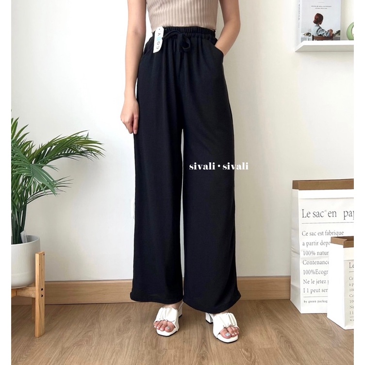 SIVALI Feya Pants - Celana Kulot Waffle Pinggang Karet Wide Leg Cullote 0279