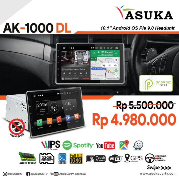 Headunit Android 10 inch Universal Asuka AK 1000  DVD produk terbaru dr Asuka garansi 1 tahun