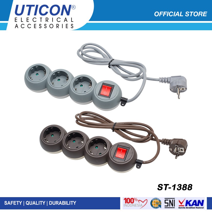 Uticon ST-1388 Stop Kontak 3 Lubang + Saklar Indikator Kabel 1.5M Abu-abu