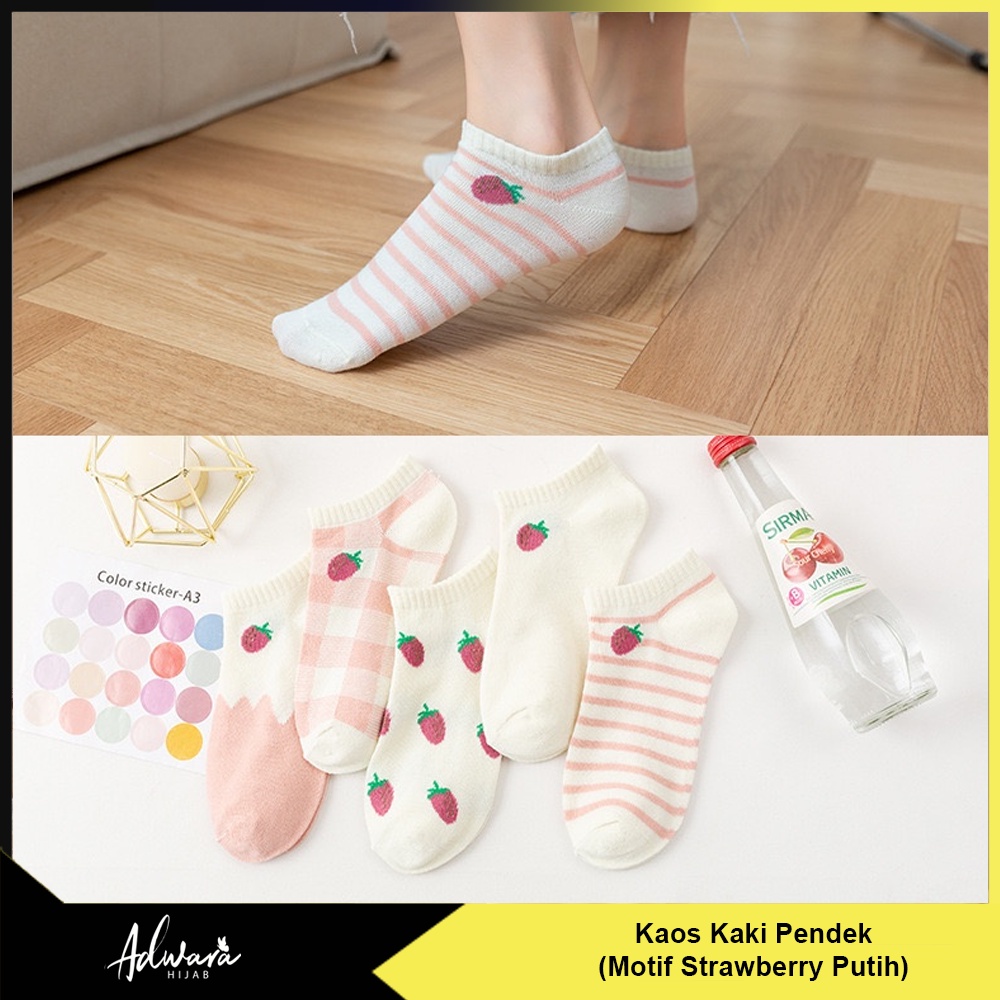 Kaos Kaki Pendek Wanita Semata Kaki Motif Strawberry Pink Cream Gaya Korea Terbaru