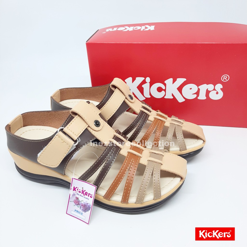 WEDGES SANDAL WANITA KICKERS PROMO KODE SR COKLAT-KREM MURAH GROSIR