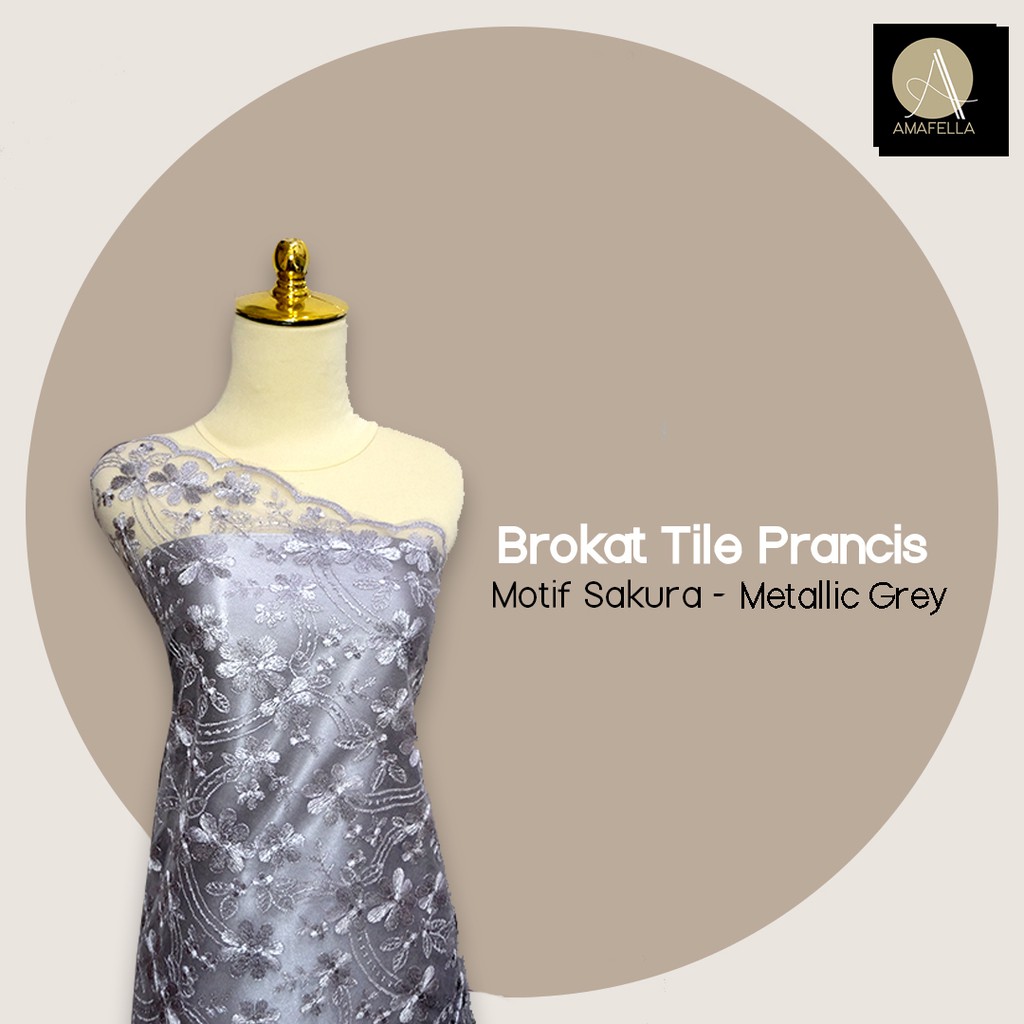 1/2 meter Kain Brokat Tile Prancis Bahan Kebaya Motif Sakura Grey