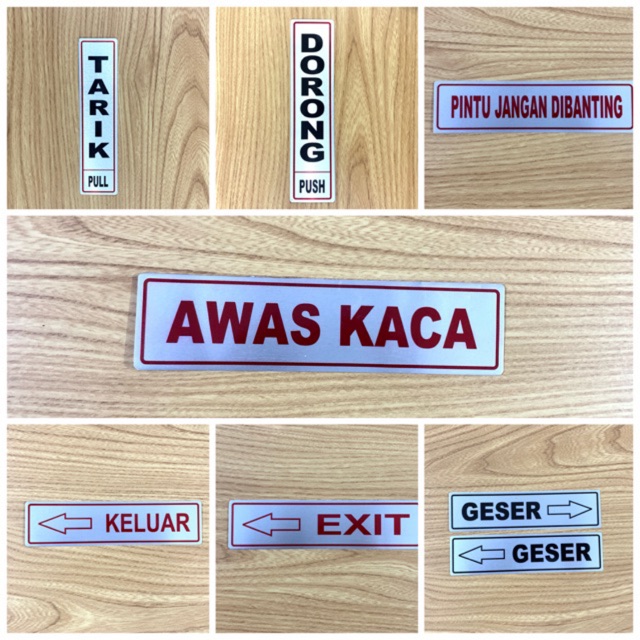 STIKER RAMBU PERINGATAN TARIK DORONG PINTU JANGAN DIBANTING AWAS KACA KELUAR EXIT DLL