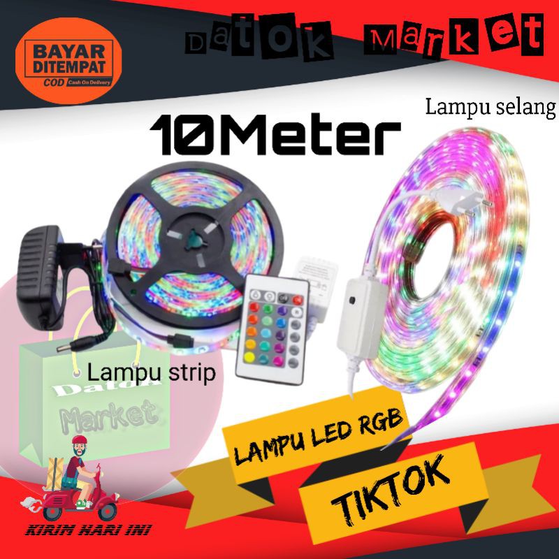 COD Sepaket Lampu Led Strip Gepeng Panjang RGB 10 M 5 Meter Remot Dekorasi Tempel Tembok Diniding At