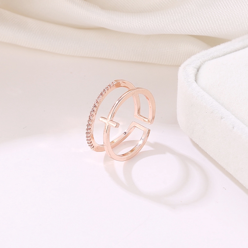 Cincin Adjustable Cincin salib emas mawar baru bertatahkan hias Cincin multi-layer sederhana