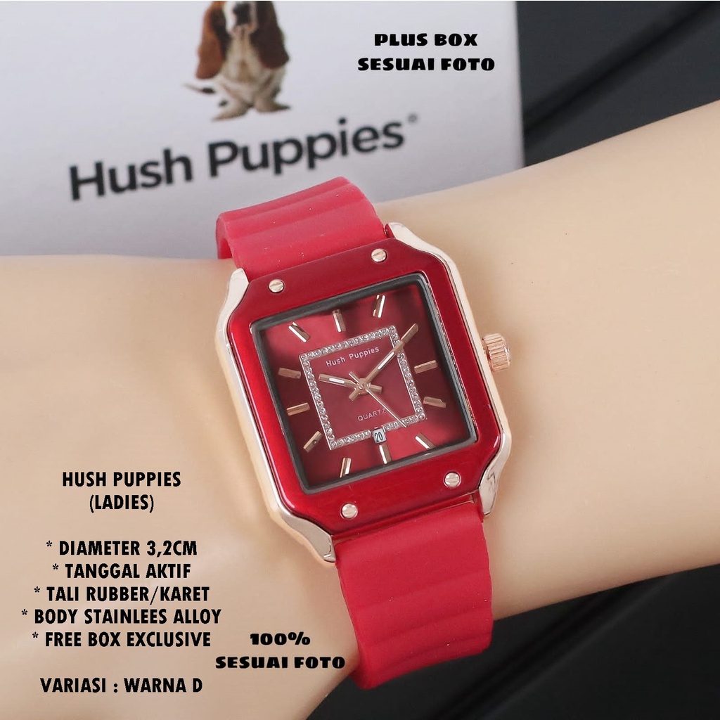 (FREE BOX) JAM TANGAN WANITA HUSH PUPPIES TALI RUBBER BODY SEGI TANGGAL AKTIF