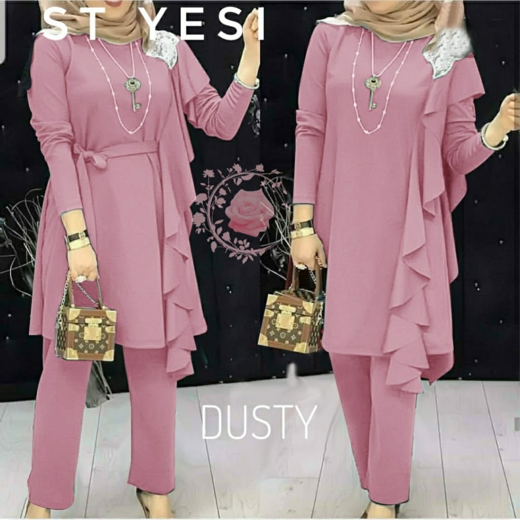 ST YESI/ SETELAN WANITA HIJAB SIZE L, XL, 2XL/ ONE SET BAHAN MOSSCREPE/ SET WANITA LENGAN PANJANG TERBARU-DUSTY