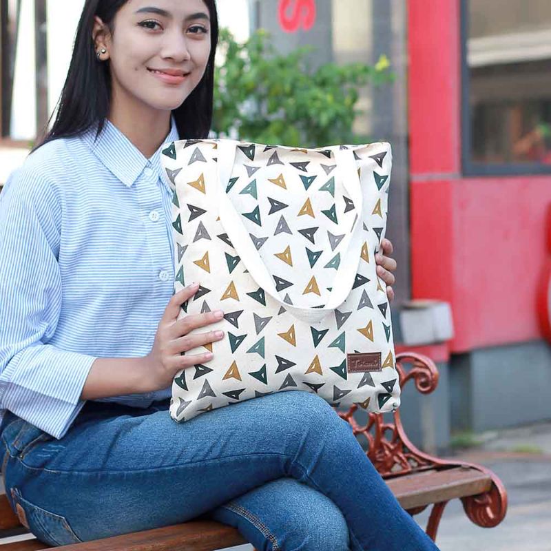 Bos - Tote Bag Kekinian Bahan Kanvas Motif Bunga Cantik Premium Penutup Resleting Desain Muat Laptop