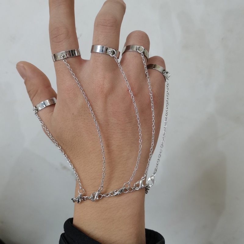 Set Gelang Rantai Cincin Geometris Warna Silver Gaya Punk Untuk Pria Dan Wanita