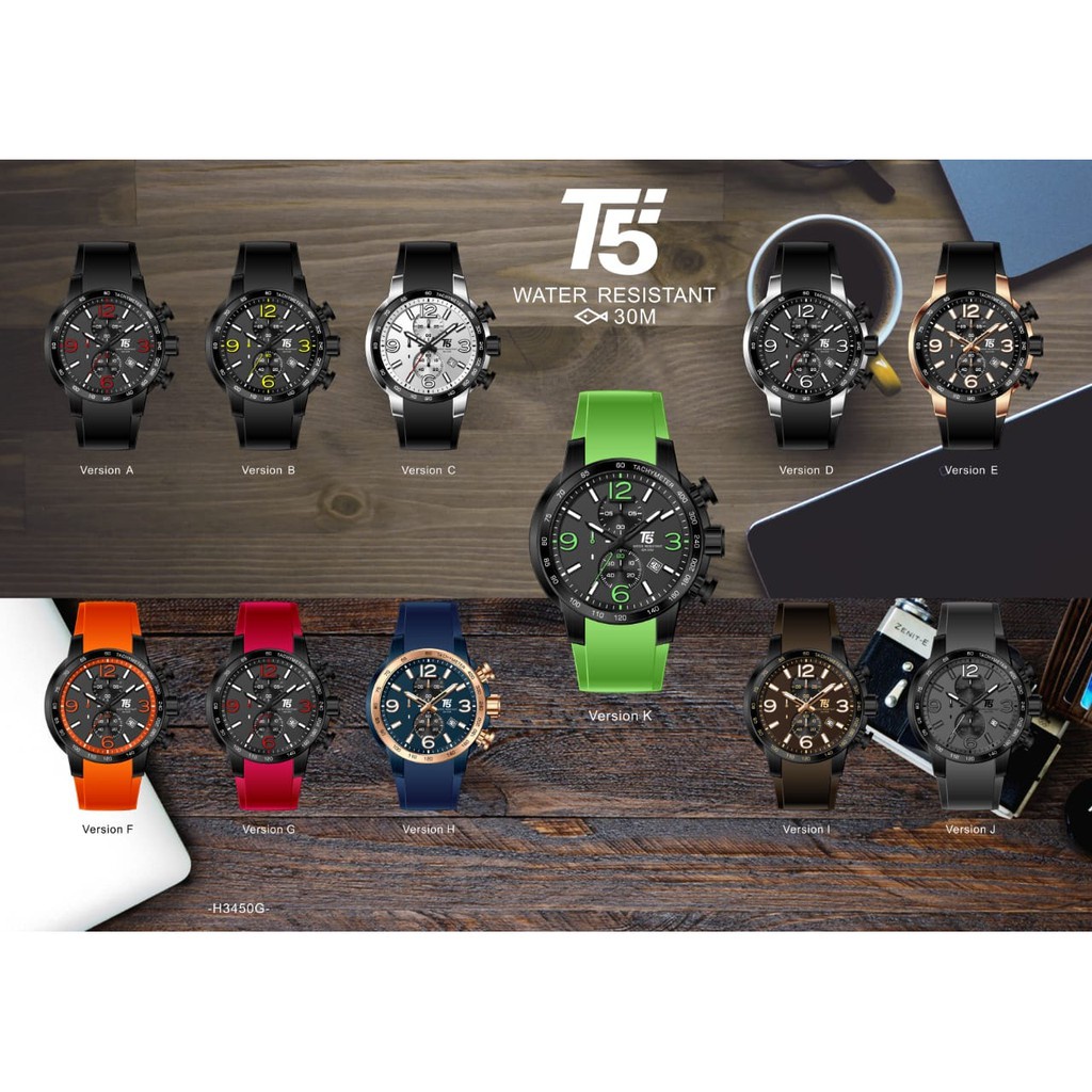 T5 H3450G original chronograph bergaransi free tin box dan tas