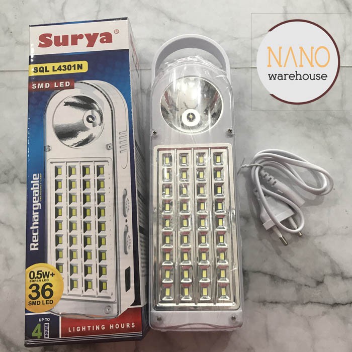 Lampu Cas Emergency Lamp + Senter Rechargeable Surya SQL L4301N SMD LED Darurat