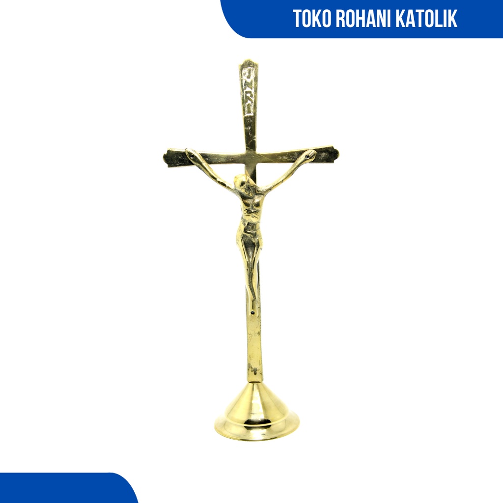 SALIB DUDUK KATOLIK 25 CM / SALIB ALTAR KUNINGAN / SALIB MEJA KATOLIK