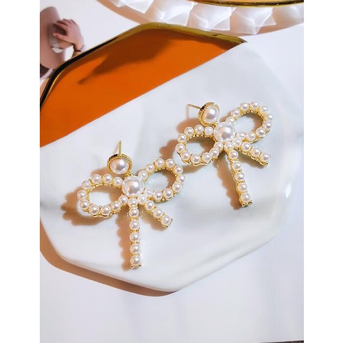 LRC Anting Tusuk Fashion Golden Alloy Pearl Bow V57128