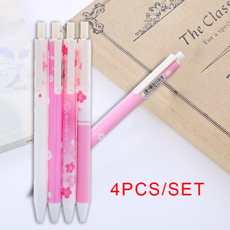 4pcs / Set Pulpen Gel Tinta Hitam Motif Bunga Sakura Pink Untuk Stationery Sekolah / Kantor