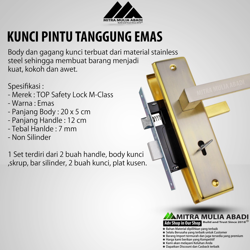 Kunci gagang Pintu Tanggung 20cm Full set Gold M-Class