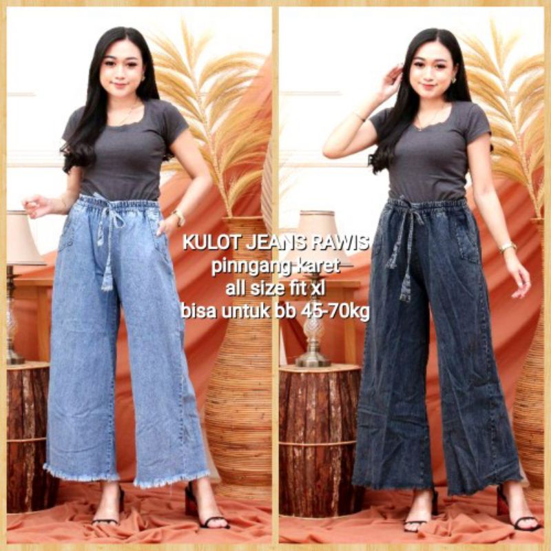 Celana Kulot Jeans Rawis &amp; Lipat Premium Kekinian Pinggang Karet Tali Aktif