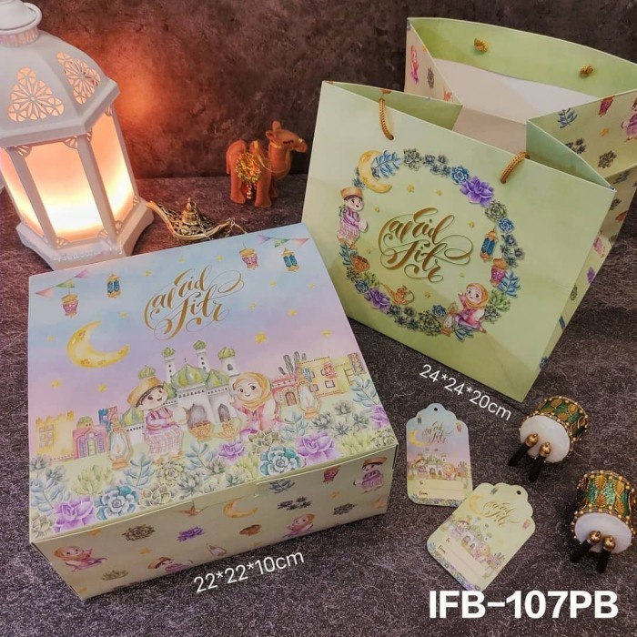 

(TERLARIS) Box Lebaran 22X22X10 Set Paperbag Dus Kotak Hampers Idul Fitri Kuker