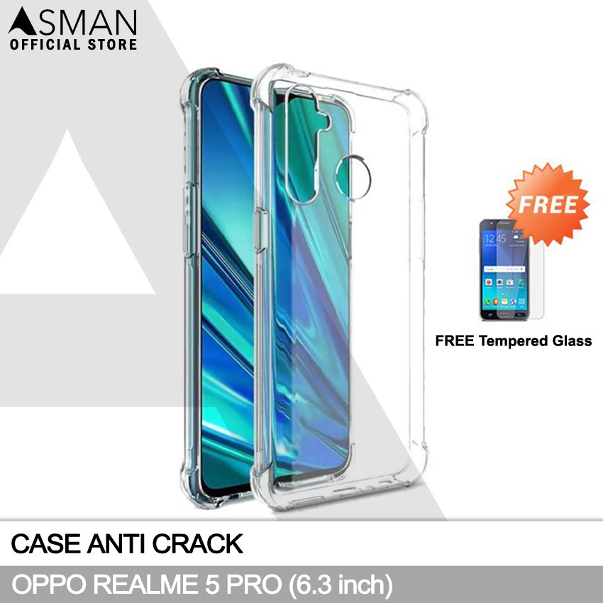 Anti Crack OPPO Realme 5 Pro (6.3&quot;) | Soft Case Anti Bentur + FREE Tempered Glass