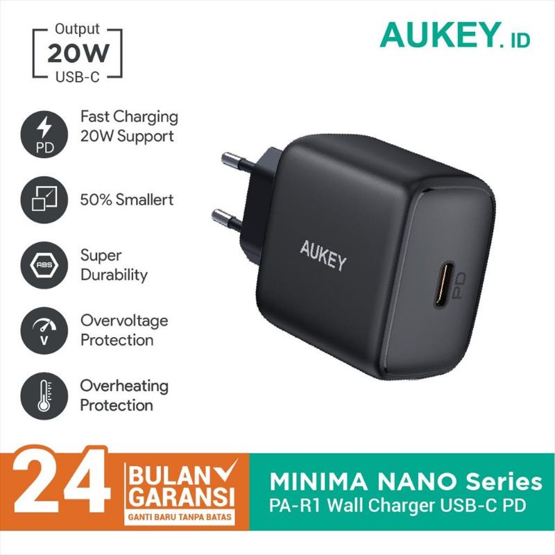 Aukey PA-R1 Charger Usb-C 20W PD 3.0 Minima Nano Series Fast Charging 3A iPhone 12 Pro Max 11 XS XR 18W Samsung Huawei Tablet Xiaomi Pad 500883 Garansi Resmi Original Black Power Delivery / PA-F1 Charger 18W PD 3.0
