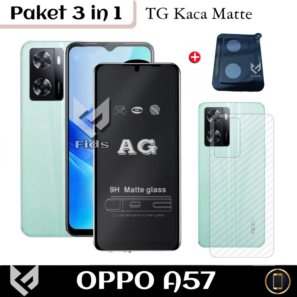 (PROMO PAKET 3 IN 1 ) Anti Gores Layar For OPPO A57 4G Screen Guard Free Tempered Glass Camera Black Frame &amp; Garskin Carbon Pelindung Belakang Handphone Oppo A57