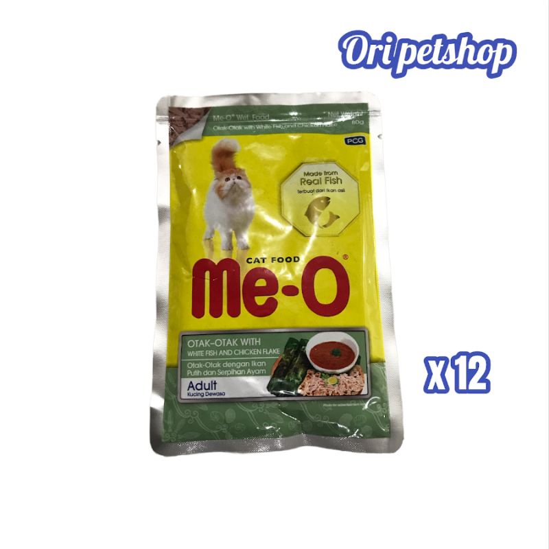 ( Paket 12pcs ) Meo Me-o Sachet Pouch 80gr Makanan Kucing Basah - Adult Otak - Otak With White Fish &amp; Crab Stick