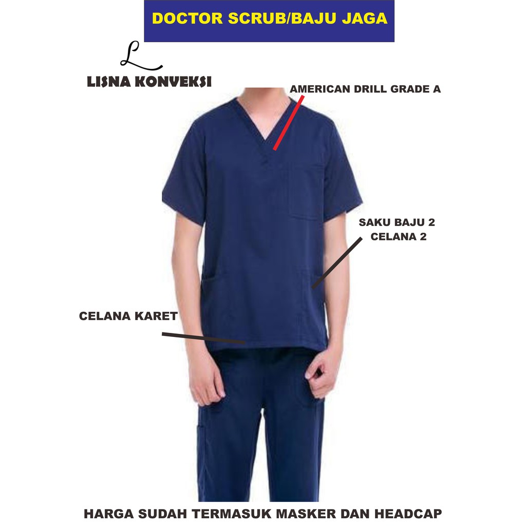 Baju Oka/Doctor Scrub XS-XL Bahan American Drill Lengan Pendek